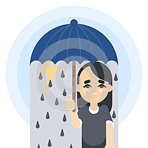 Sad woman with umbrella.