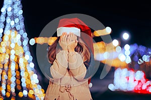 Sad Woman Walking Alone Outdoors During Christmas Holiday