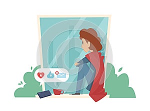Sad woman on windowsill. Social media addiction, no messages. Depressive girl vector illustration