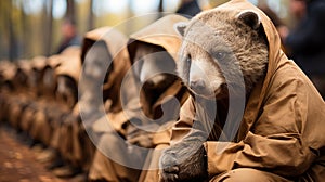 sad wombats in raincoats sit in a chain protesting against the poor treatment of animals in zoos