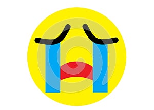 A sad yellow emoticon smiley face crying blue tears white backdrop