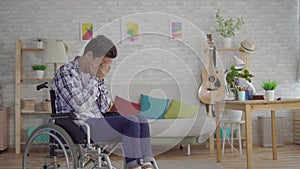 Sad young asian man disabled in a wheelchair former athlete football player with a soccer ball