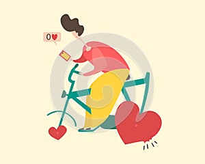 Sad young man holding smartphone mobile phone with sign no 0 likes on bicycle with hearts instead of wheels. Vector modern flat