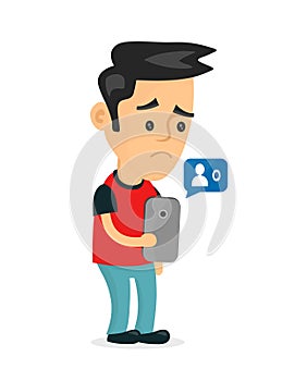 Sad young man holding smartphone