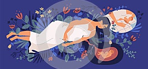 Sad young pregnant woman lying on blooming flowers, thinking of her unborn baby and making choice. Concept of abortion