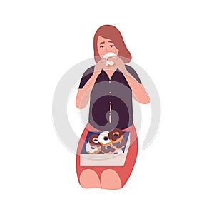 Sad young woman eating donuts. Concept of binge eating disorder, food addiction, overeating. Mental illness, behavioral photo