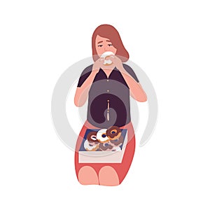 Sad young woman eating donuts. Concept of binge eating disorder, food addiction, overeating. Mental illness, behavioral