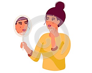 sad Young woman hand mirror worrying about her acne on face in flat design.