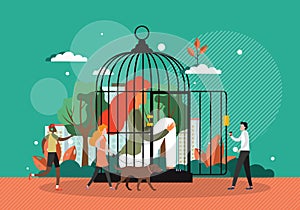 Sad young woman sitting alone in bird cage, flat vector illustration. Loneliness, depression. Mental disorder