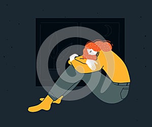 Sad young woman sitting hugging her knees at night. Depression illustration, insomnia disorder. Unhappy redhead girl in