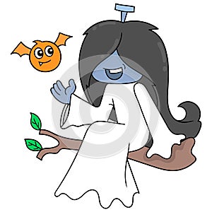 Sadako ghost is sitting on a tree branch, doodle icon image kawaii