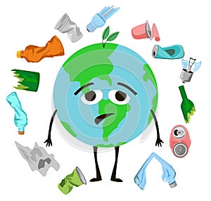 Sadness cartoon globe character and garbage around. Stop pollution world. Global warming concept. Illustration isolated