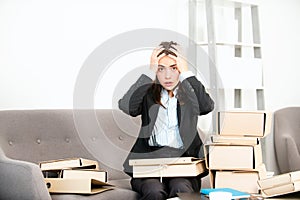 Sadness depressed businesswoman and folders with the documents, frustration secretary girl, stressed employee working