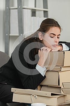 Sadness depressed businesswoman, frustration secretary girl, stressed employee with folders with the documents working