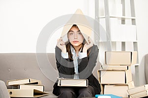 Sadness depressed businesswoman, frustration secretary girl, stressed employee working overtime with too much work