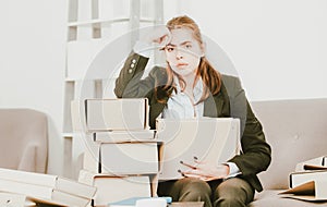 Sadness depressed businesswoman with many folders of documents, frustration secretary girl, stressed employee working