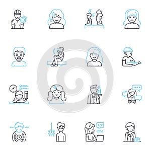 Sadness expressions linear icons set. anguish, despair, sorrow, grief, melancholy, heartache, misery line vector and