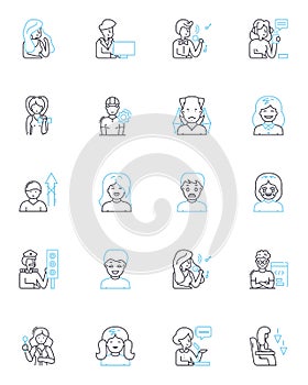 Sadness expressions linear icons set. anguish, despair, sorrow, grief, melancholy, heartache, misery line vector and