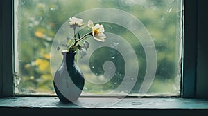 Sadness and grief, A wilted flower in a broken vase on a windowsill fragility.