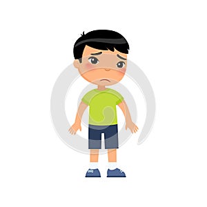 Sadness little asian boy flat vector illustration. Upset child standing alone cartoon character.