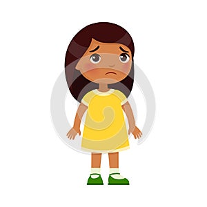 Sadness little Indian girl. Upset dark skin child standing alone cartoon character. Lonely kid in bad mood, person unhappy express
