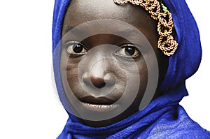 Sadness Symbol - Little African Girl Posing with a Blue Headscarf