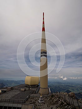 Saentis transmission tower on summit peak of Santis Alpstein Appenzell swiss alps Switzerland