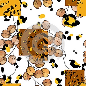 Safari Africa design of leopard and tiger. Vector. Modern animal skin prints and flower hand drawn seamless pattern