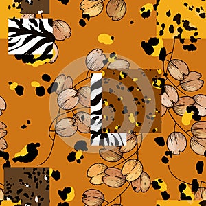 Safari Africa design of leopard and tiger, zebra. Vector. Modern animal skin prints and flower hand drawn seamless pattern