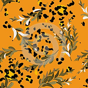 Safari Africa design of leopard and. Vector. Modern animal skin prints and flower hand drawn seamless pattern