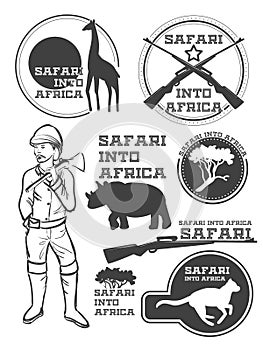 Safari in Africa. Giraffe, rhino, cheetah and hunter with weapon. Vintage style. It can be used as logo.