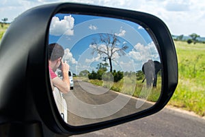 Safari in Africa, man in car making photo of elephant