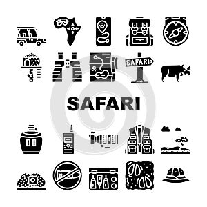 Safari African Hunting Vacation Icons Set Vector