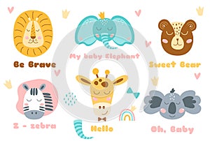 Safari animal heads set Baby animal head cute animals ant text. Zebra, bear, koala, lion, elephant, giraffe