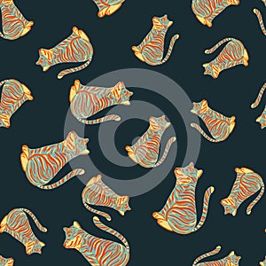 Safari animal seamless pattern with blue and orange colored random tiger print. Dark turquoise background