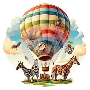 Safari Animal set giraffe, hippopotamus, in hot air balloon Illustration