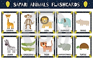 Safari animals flashcards collection for kids. Flash cards set with cute jungle characters