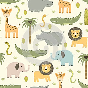 Safari animals seamless pattern with cute hippo, crocodile, lion