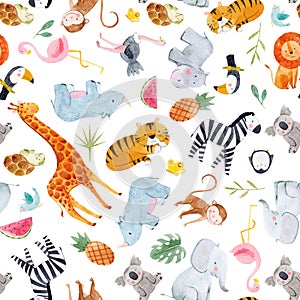 Safari animals watercolor vector pattern