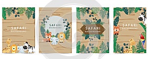 safari banner with giraffe,elephant,zebra,fox and leaf frame.vector illustration for a4 design