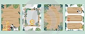 safari banner with giraffe,elephant,zebra,fox and leaf frame.vector illustration for a4 design