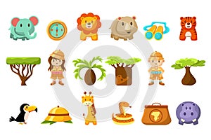 Safari big set, kids and funny african animals, birds, trees vector illustration