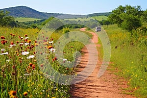 safari bus on a dirt road next to a wildflower field