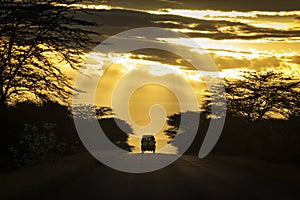 Safari car on a road during sunset in Tanzania