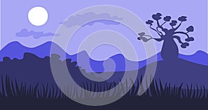 Safari cartoon background, desert savanna panorama and landscape with trees, hills and moon. Safary layered panoramic