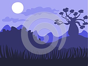 Safari cartoon background, desert savanna panorama and landscape with trees, hills and moon. Safary layered panoramic