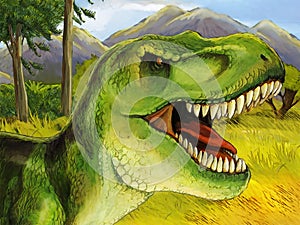 Safari cartoon scene with tyranosaurus dinosaur illustration for the children photo