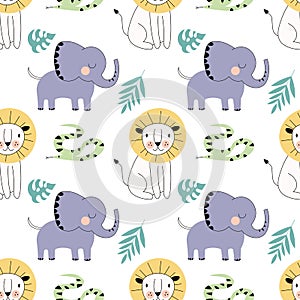 Safari childish seamless pattern vector illustration with lion, elephant, snake, with green leaves on white background