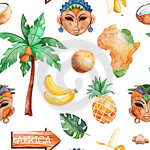 Safari collection with african woman,men masks,banana, pineapple