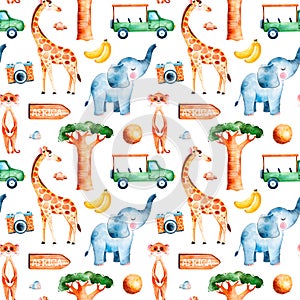 Safari collection with cute giraffe, elephant, meerkat